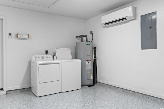 1331 Bermuda Ct, Surfside Beach, SC 29575 - laundry area with electric panel, a wall mounted air conditioner, water heater, and separate washer and dryer