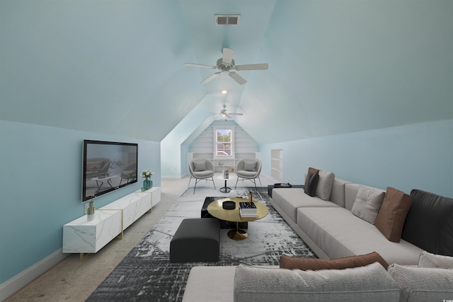 28 Grey Moss Rd, Murrells Inlet, SC 29576 - living area with vaulted ceiling, ceiling fan, and light colored carpet