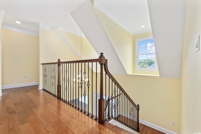 28 Grey Moss Rd, Murrells Inlet, SC 29576 - stairway featuring wood finished floors, crown molding, and recessed lighting