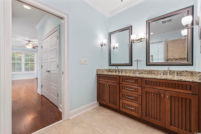 28 Grey Moss Rd, Murrells Inlet, SC 29576 - full bathroom with double vanity, ceiling fan, and crown molding