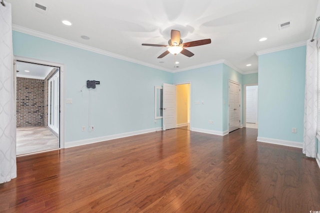 28 Grey Moss Rd, Murrells Inlet, SC 29576 - unfurnished room with a ceiling fan, recessed lighting, wood finished floors, ornamental molding, and brick wall