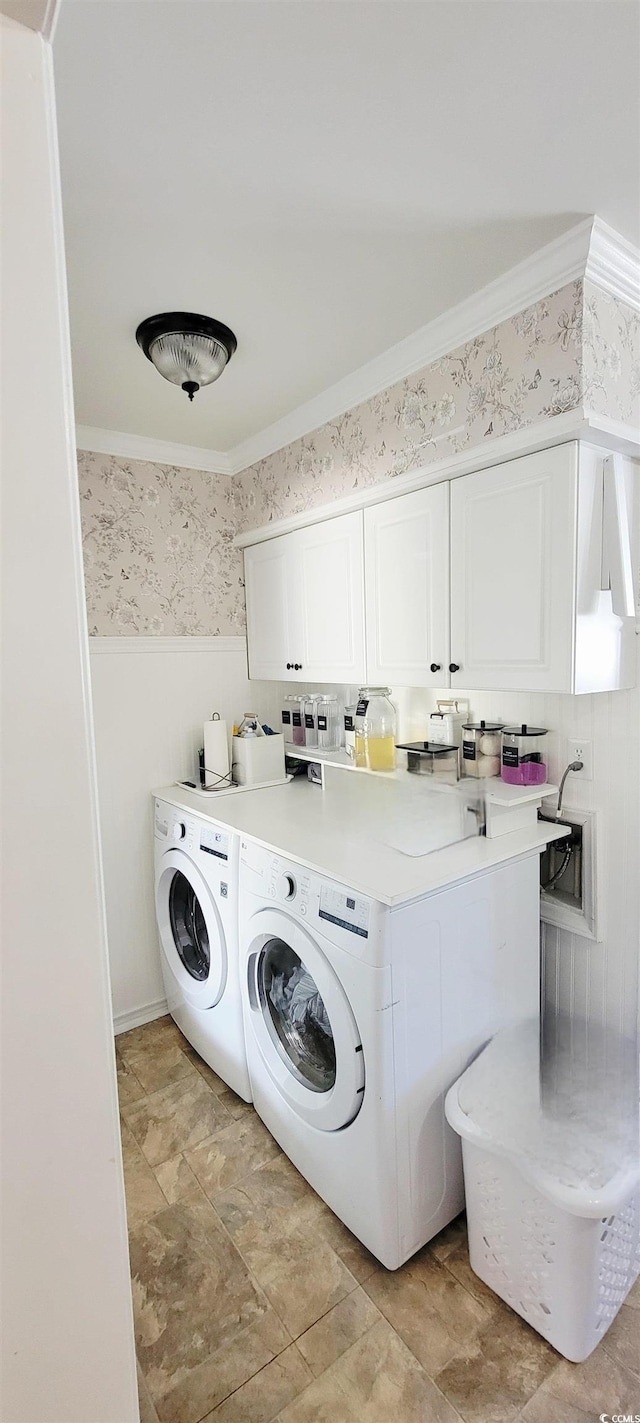 610 Hibiscus Ave Unit 610, Myrtle Beach, SC 29572 - washroom with wallpapered walls, independent washer and dryer, wainscoting, and cabinet space