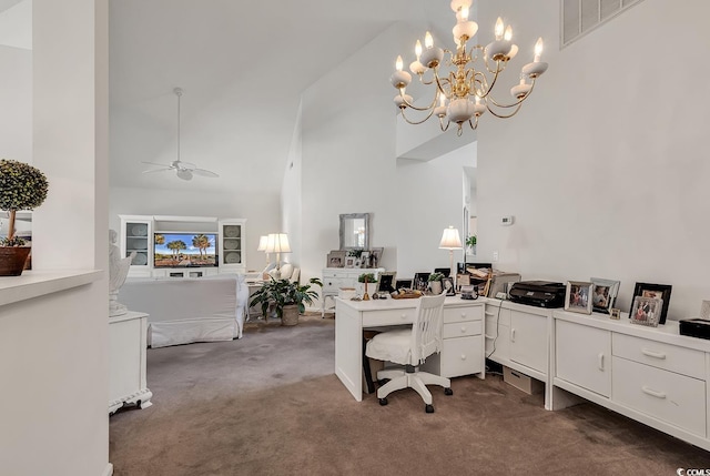 1208 Trisail Ln, North Myrtle Beach, SC 29582 - office featuring dark carpet, high vaulted ceiling, a chandelier, and a ceiling fan