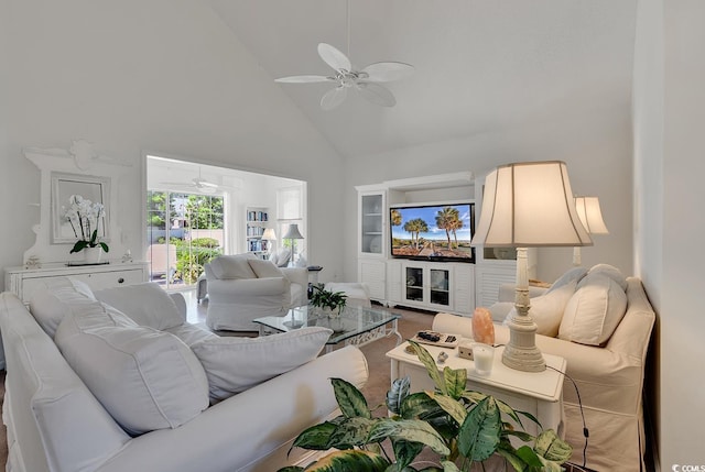 1208 Trisail Ln, North Myrtle Beach, SC 29582 - living room featuring ceiling fan and high vaulted ceiling