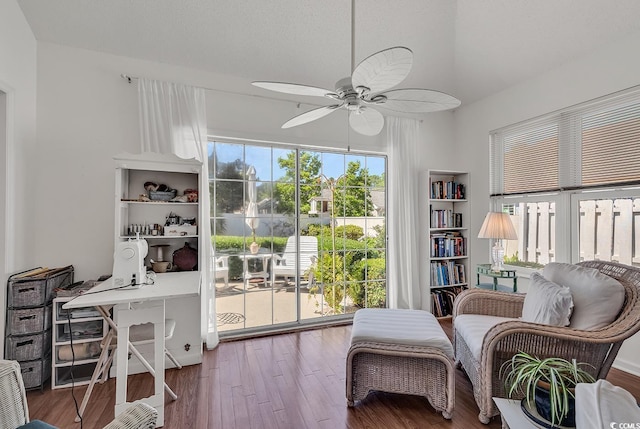 1208 Trisail Ln, North Myrtle Beach, SC 29582 - living area with a ceiling fan, wood finished floors, and an office area