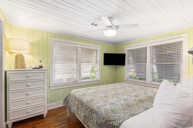 1416 Edge Dr, North Myrtle Beach, SC 29582 - bedroom with wood finished floors, wood walls, wooden ceiling, and a ceiling fan