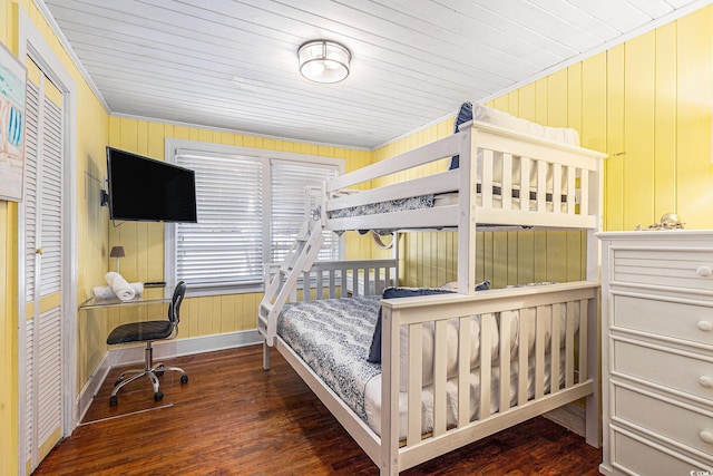 1416 Edge Dr, North Myrtle Beach, SC 29582 - bedroom featuring hardwood / wood-style floors, wooden walls, ornamental molding, and wooden ceiling