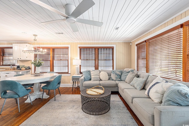 1416 Edge Dr, North Myrtle Beach, SC 29582 - living area with wooden ceiling, a chandelier, ceiling fan, wood walls, and wood finished floors