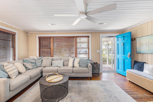 1416 Edge Dr, North Myrtle Beach, SC 29582 - living room featuring wooden walls, ceiling fan, ornamental molding, wood finished floors, and wood ceiling