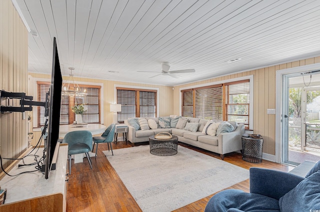 1416 Edge Dr, North Myrtle Beach, SC 29582 - living area featuring a ceiling fan, wood finished floors, wooden ceiling, and wooden walls