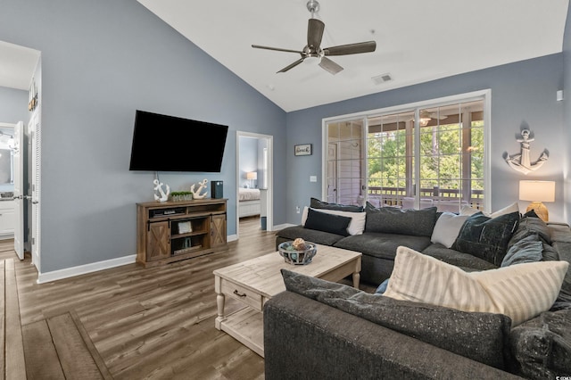 6015 Catalina Dr Unit 932, North Myrtle Beach, SC 29582 - living room with wood finished floors, ceiling fan, and high vaulted ceiling