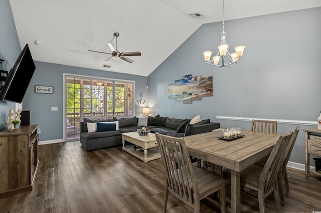6015 Catalina Dr Unit 932, North Myrtle Beach, SC 29582 - dining area featuring a chandelier, lofted ceiling, dark wood finished floors, and ceiling fan