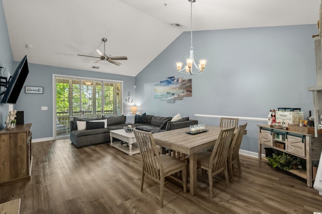 6015 Catalina Dr Unit 932, North Myrtle Beach, SC 29582 - dining room with ceiling fan, wood finished floors, a chandelier, and high vaulted ceiling