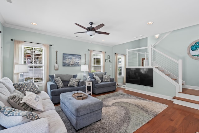 5 Ruth St, Murrells Inlet, SC 29576 - living room with wood finished floors, a ceiling fan, stairs, recessed lighting, and ornamental molding