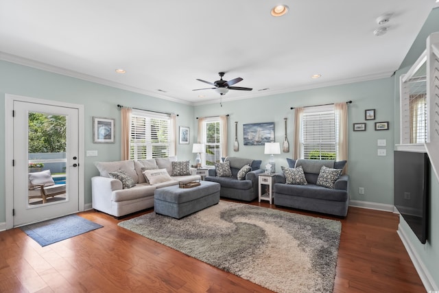 5 Ruth St, Murrells Inlet, SC 29576 - living room with dark wood-style floors, a ceiling fan, crown molding, and recessed lighting