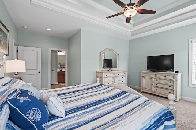 5 Ruth St, Murrells Inlet, SC 29576 - carpeted bedroom with a tray ceiling, ceiling fan, crown molding, and ensuite bath