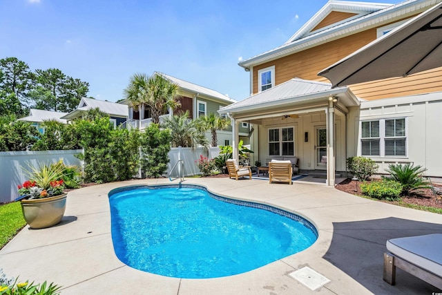 5 Ruth St, Murrells Inlet, SC 29576 - view of swimming pool featuring ceiling fan, a patio area, a fenced backyard, and outdoor lounge area