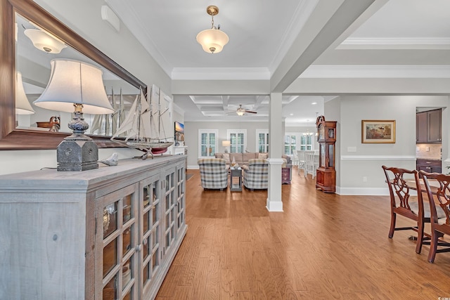 700 Shell Point Ct, Longs, SC 29568 - entrance foyer featuring light wood-type flooring, coffered ceiling, ceiling fan, crown molding, and beamed ceiling