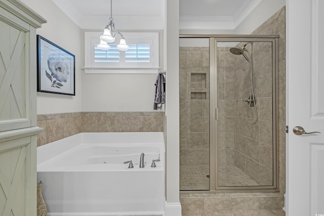 700 Shell Point Ct, Longs, SC 29568 - bathroom with a bath, a stall shower, and ornamental molding
