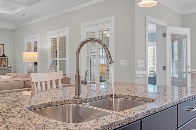 700 Shell Point Ct, Longs, SC 29568 - kitchen featuring ornamental molding, light stone counters, open floor plan, beamed ceiling, and gray cabinetry