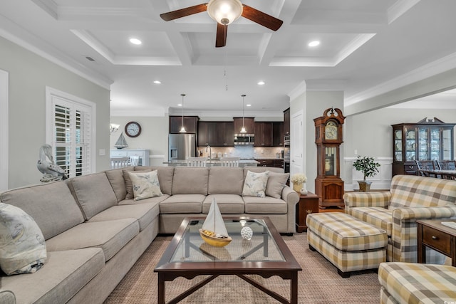 700 Shell Point Ct, Longs, SC 29568 - living room with coffered ceiling, recessed lighting, a ceiling fan, crown molding, and beam ceiling