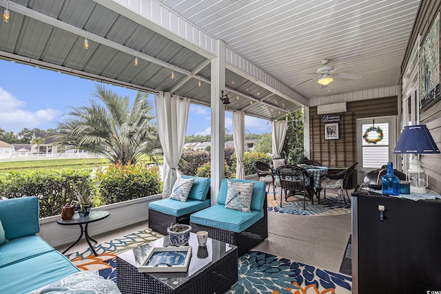 388 Sea Turtle Dr, Myrtle Beach, SC 29588 - sunroom featuring an outdoor hangout area, a ceiling fan, a wall mounted AC, and outdoor dining space