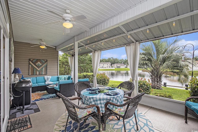 388 Sea Turtle Dr, Myrtle Beach, SC 29588 - sunroom / solarium with a water view, a ceiling fan, and an outdoor hangout area