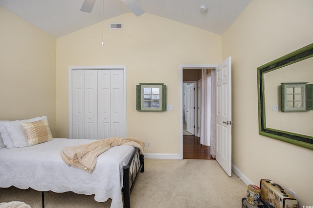 388 Sea Turtle Dr, Myrtle Beach, SC 29588 - bedroom featuring high vaulted ceiling, light carpet, a closet, and ceiling fan