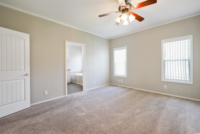 628 Lake Estates Ct, Conway, SC 29526 - unfurnished bedroom with ornamental molding, carpet flooring, ensuite bath, and a ceiling fan
