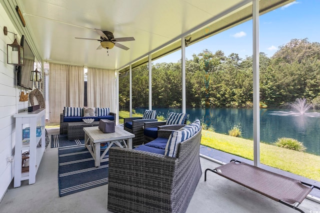 236 Palm Cove Cir, Myrtle Beach, SC 29588 - sunroom / solarium featuring outdoor lounge area, a ceiling fan, a water view, and healthy amount of natural light