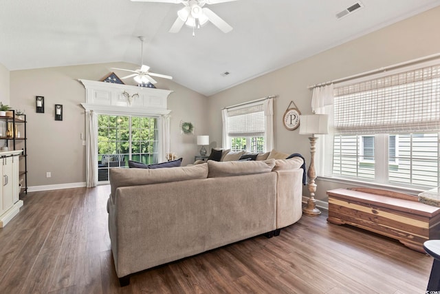 236 Palm Cove Cir, Myrtle Beach, SC 29588 - living area with a ceiling fan, wood finished floors, and vaulted ceiling