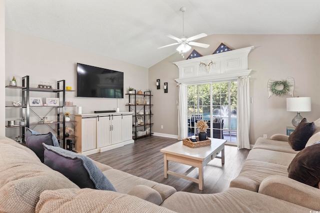 236 Palm Cove Cir, Myrtle Beach, SC 29588 - living room featuring a ceiling fan, lofted ceiling, and wood finished floors