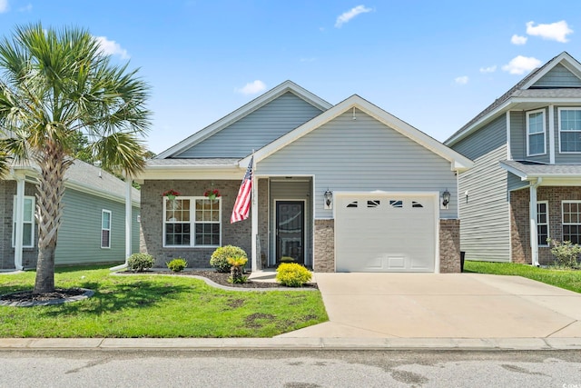 236 Palm Cove Cir, Myrtle Beach, SC 29588 - view of front of home with concrete driveway, a front yard, a garage, brick siding, and a porch