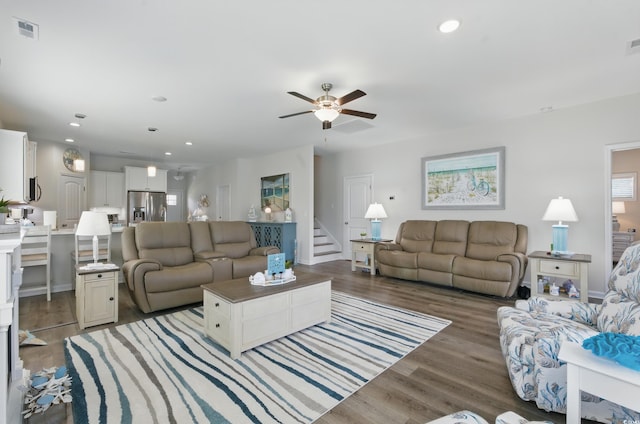 668 Rycola Cir, Surfside Beach, SC 29575 - living area with ceiling fan, light wood-style floors, stairway, and recessed lighting