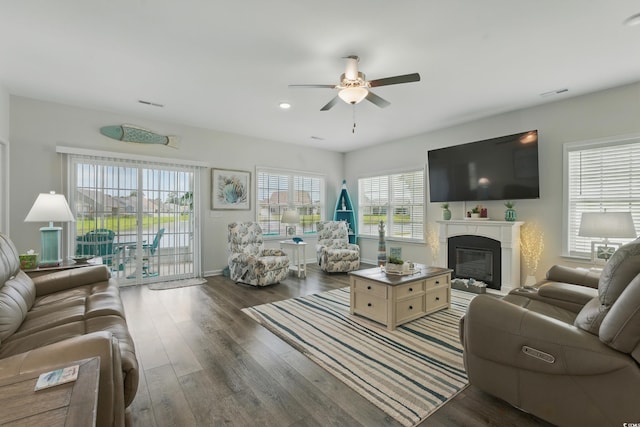 668 Rycola Cir, Surfside Beach, SC 29575 - living area featuring ceiling fan, wood finished floors, and a glass covered fireplace