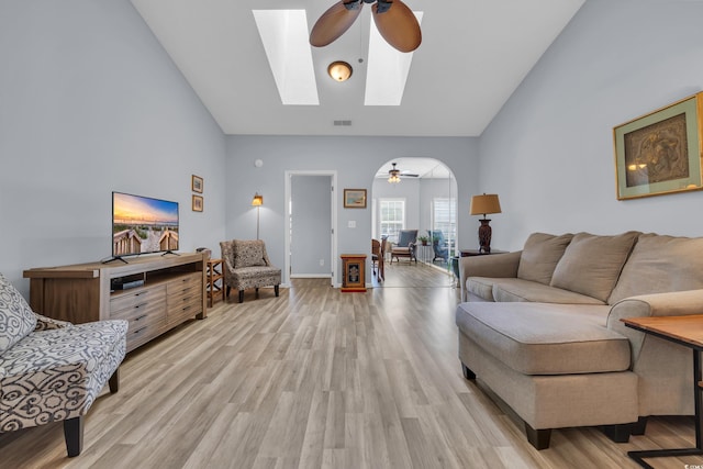 4520 Lighthouse Dr Unit 29B, Little River, SC 29566 - living room with a ceiling fan, high vaulted ceiling, light wood-style floors, and a skylight