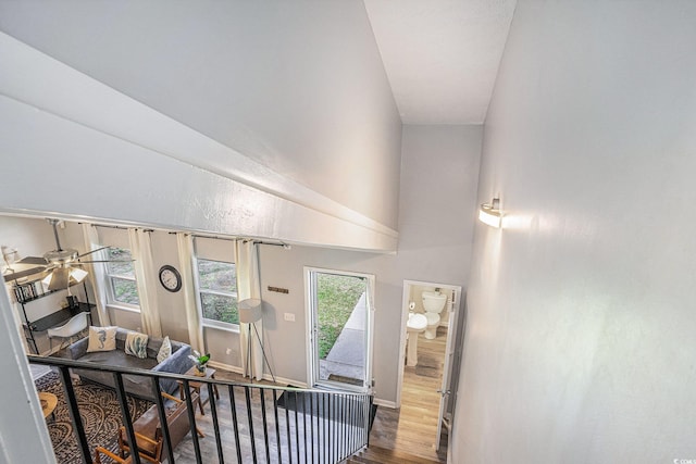 1930 Lake View Cir, Myrtle Beach, SC 29575 - staircase featuring wood finished floors, a ceiling fan, and a high ceiling