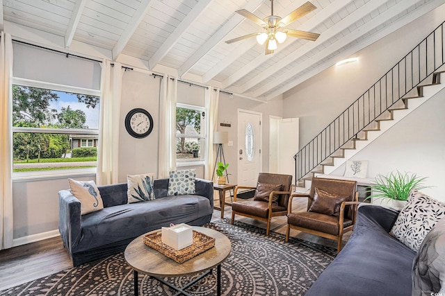 1930 Lake View Cir, Myrtle Beach, SC 29575 - living area with wood ceiling, wood finished floors, stairway, and ceiling fan
