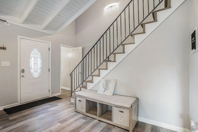 1930 Lake View Cir, Myrtle Beach, SC 29575 - entryway featuring wood finished floors, stairway, and wood ceiling