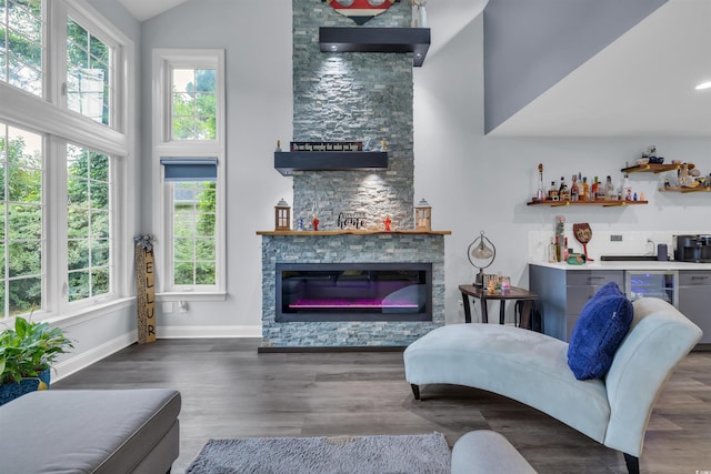 35 Easter Lilly Ct, Murrells Inlet, SC 29576 - living area with healthy amount of natural light, high vaulted ceiling, a stone fireplace, wood finished floors, and bar