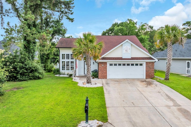 35 Easter Lilly Ct, Murrells Inlet, SC 29576 - view of front of home with driveway, brick siding, a front yard, an attached garage, and roof with shingles
