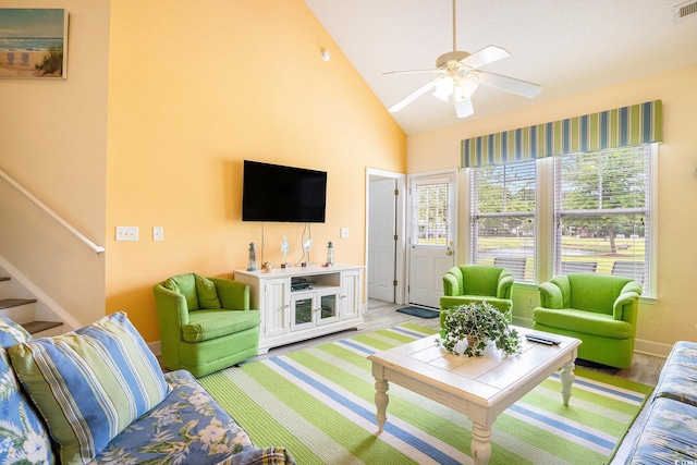 6172 Catalina Dr Unit 414H, North Myrtle Beach, SC 29582 - living area with ceiling fan, stairway, high vaulted ceiling, and light wood finished floors