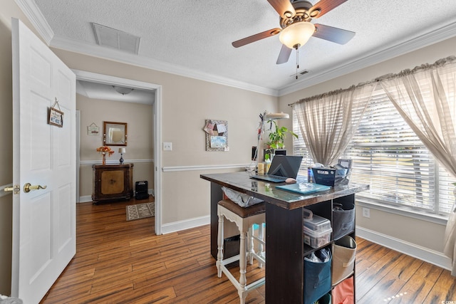 200 Silverbelle Blvd, Longs, SC 29568 - home office with hardwood / wood-style floors, a textured ceiling, ornamental molding, and a ceiling fan