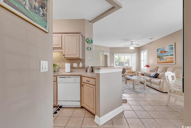 876 Palmetto Trl Unit 103, Myrtle Beach, SC 29577 - kitchen featuring dishwasher, light brown cabinetry, a peninsula, backsplash, and light tile patterned floors