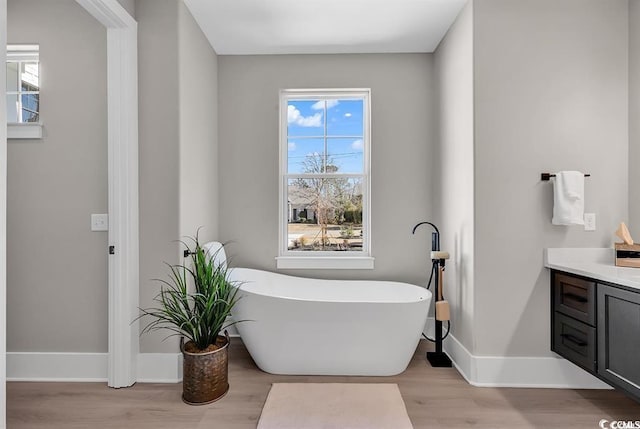 558 Oxbow Dr, Myrtle Beach, SC 29579 - bathroom with vanity, a soaking tub, and wood finished floors