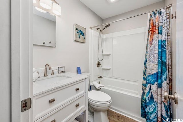 4201 N Ocean Blvd Unit 2M, North Myrtle Beach, SC 29582 - full bath featuring shower / bathtub combination with curtain, vanity, and wood finished floors