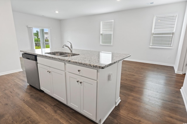 3657 Bells Lake Cir, Longs, SC 29568 - kitchen featuring stainless steel dishwasher, an island with sink, light stone counters, white cabinets, and dark wood-style flooring
