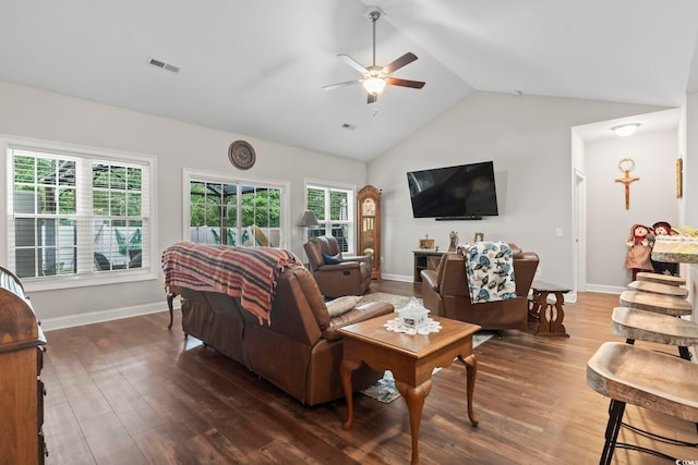 144 Baylee Cir, Aynor, SC 29544 - living room featuring ceiling fan, wood finished floors, and lofted ceiling