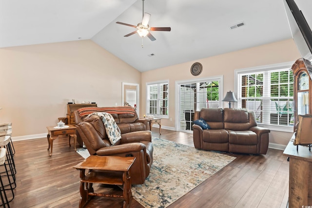 144 Baylee Cir, Aynor, SC 29544 - living room with ceiling fan, wood finished floors, and high vaulted ceiling