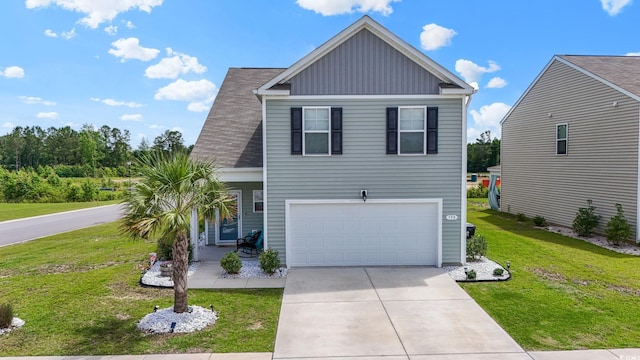 798 Woodland Farms Cir, Aynor, SC 29511 - view of front of house featuring a front lawn, a garage, board and batten siding, and driveway